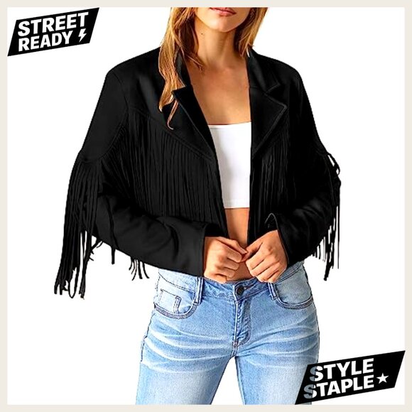 Faux Suede Fringe Cropped Jacket Slim Fit Motorcycle Style Chic Fall - Picture 2 of 7